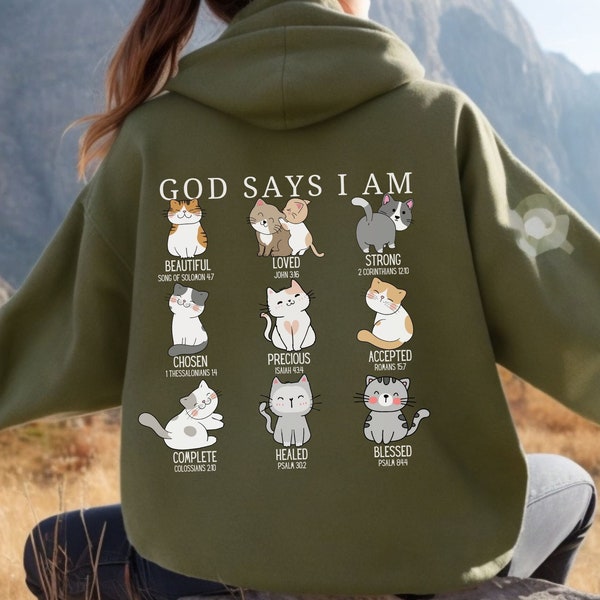 Gott-Sweatshirt, Gott sagt, ich bin-Shirt, Katzenliebhaber-Shirt, christliches Shirt, Bibelvers-Shirt, religiöse Geschenke, christliches Frauen-Shirt, Katzenliebhaber