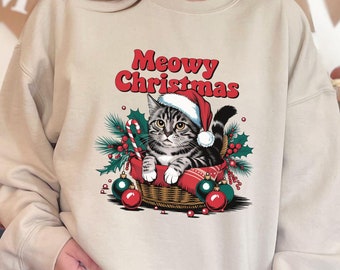 Sudadera navideña Meowy, regalo de mamá gato, camisa de Navidad amante de los gatos, camiseta de Navidad Y2K, regalo navideño para mujeres, cuello redondo catful, sudadera con capucha Catly Girl