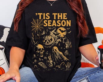 Camiseta de Halloween con estampado vintage, sudadera con capucha de casa embrujada, camiseta de otoño con estampado de calabaza, fantasma y esqueleto, jersey acogedor de otoño.