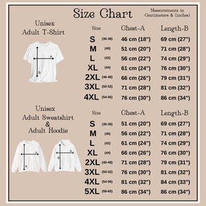 Puede incluir: Una tabla de tallas beige para camisetas, sudaderas y sudaderas con capucha unisex para adultos. Muestra ilustraciones de prendas con flechas A y B, junto a tablas que enumeran tallas de la S a la 5XL con medidas de pecho y largo en cm y pulgadas.