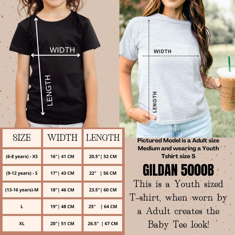 May include: Black and grey t-shirts with size and measurement details. The black t-shirt has measurements of 16 inches (41 cm) width and 20.5 inches (52 cm) length for XS size. The grey t-shirt is worn by an adult. The text says "GILDAN 5000B".