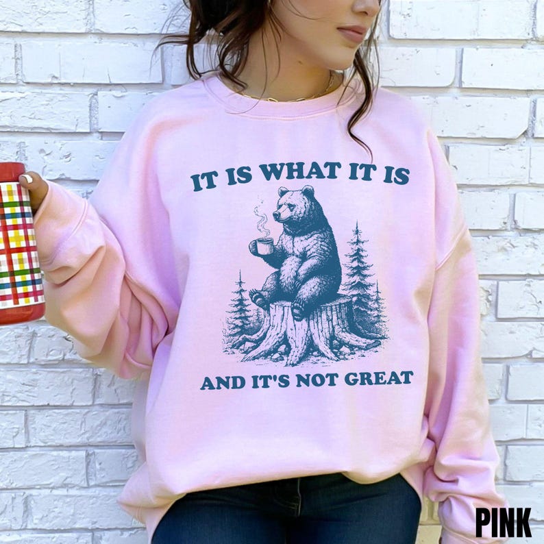 May include: Pink sweatshirt with the text "IT IS WHAT IT IS AND IT'S NOT GREAT." The graphic features a bear sitting on a tree stump, holding a cup. The word "PINK" is in the bottom right corner.
