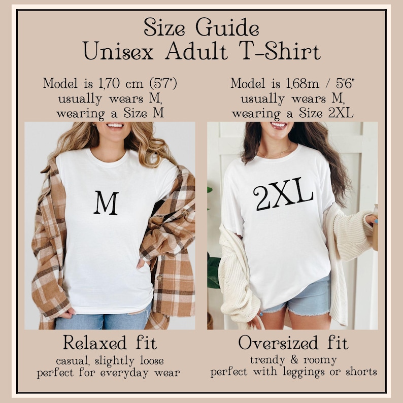 K&ouml;nnte beinhalten: Ein Gr&ouml;&szlig;engleitfaden f&uuml;r Unisex-T-Shirts f&uuml;r Erwachsene mit zwei Bildern. Links ein wei&szlig;es T-Shirt mit der Aufschrift M und lockerer Passform. Rechts ein wei&szlig;es T-Shirt mit der Aufschrift 2XL und Oversize-Passform. Text: Size Guide, Unisex Adult T-Shirt.
