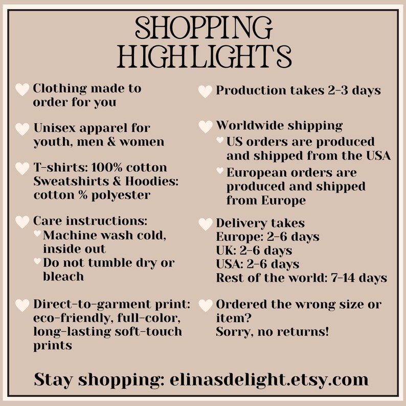 Op de afbeelding: Een beige afbeelding met de tekst "SHOPPING HIGHLIGHTS" en opsommingstekens met details over kledingproductie, wasvoorschriften en printmethoden. De tekst vermeldt ook wereldwijde verzending en de Etsy-URL van de winkel.
