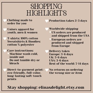 May include: A beige graphic with the text "SHOPPING HIGHLIGHTS" and bullet points detailing clothing production, care instructions, and shipping information. The text also includes the shop's Etsy URL.