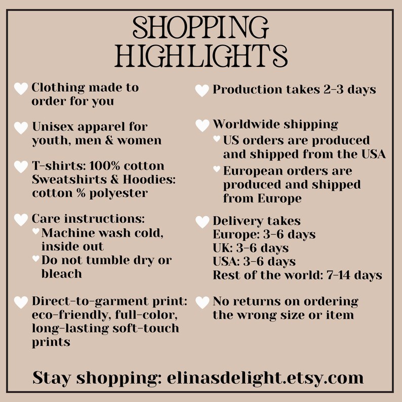 May include: A beige graphic with the text "SHOPPING HIGHLIGHTS" and bullet points detailing clothing production, care instructions, and shipping information. The text also includes the shop's Etsy URL.