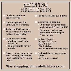 Puede incluir: Un gr&aacute;fico informativo beige titulado SHOPPING HIGHLIGHTS con iconos de corazones blancos. Detalla la producci&oacute;n de ropa, composici&oacute;n de materiales, instrucciones de cuidado, m&eacute;todos de impresi&oacute;n y pol&iacute;ticas de devoluci&oacute;n, terminando con el enlace elinasdelight.etsy.com.