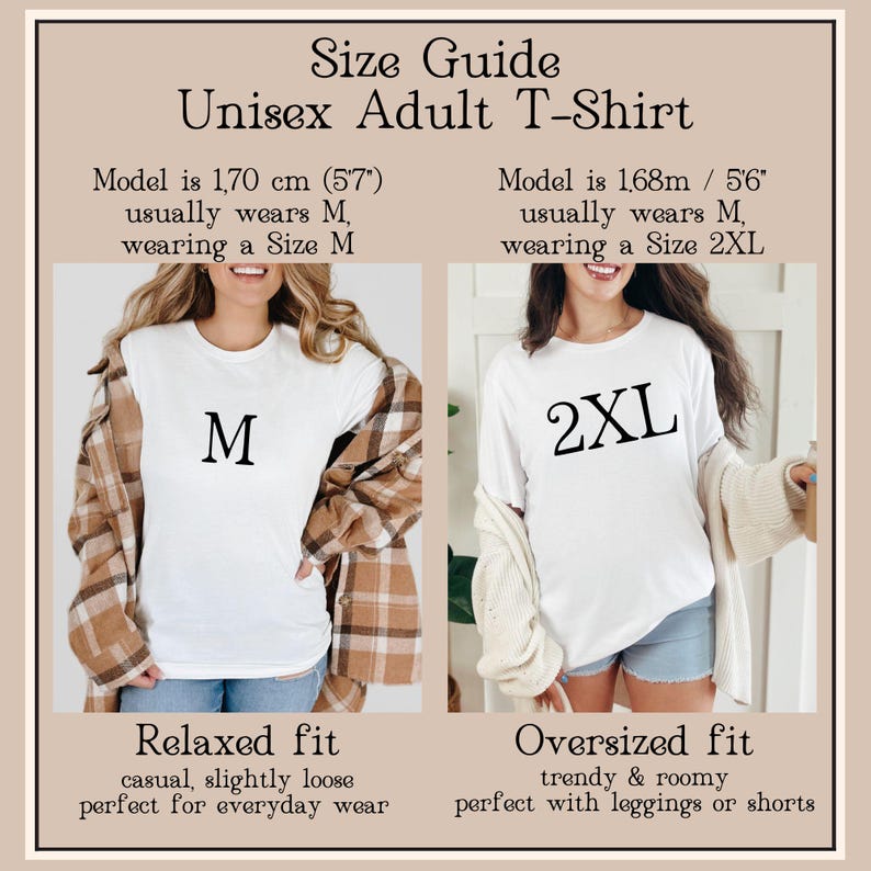 Op de afbeelding: Maattabel voor een unisex volwassen T-shirt. De afbeelding toont twee modellen die witte T-shirts dragen, een met een "M" en de andere met een "2XL". De tekst beschrijft een relaxte pasvorm en een oversized pasvorm. De modellen zijn 170 cm en 168 cm lang.