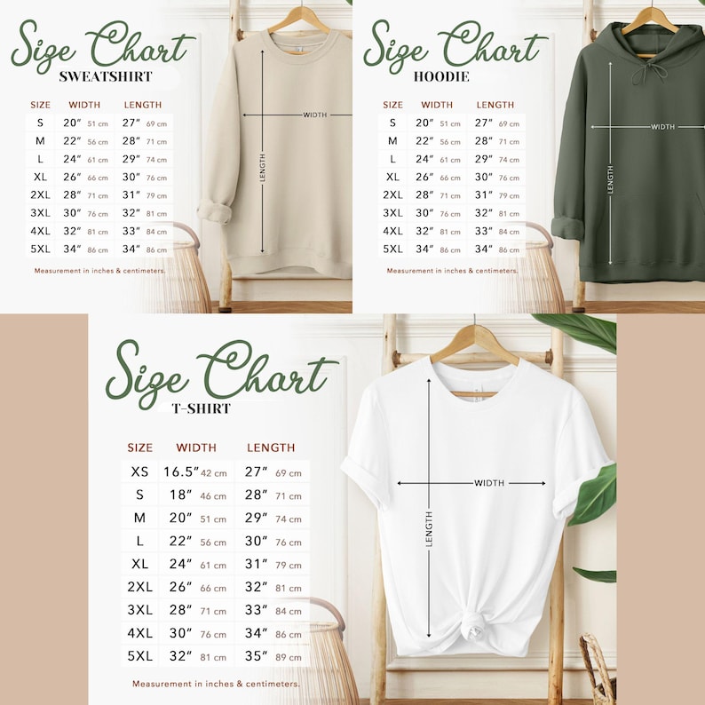 Puede incluir: Tabla de tallas para sudaderas, sudaderas con capucha y camisetas. La tabla muestra las medidas de ancho y largo en pulgadas y cent&iacute;metros para cada talla, desde XS hasta 5XL.