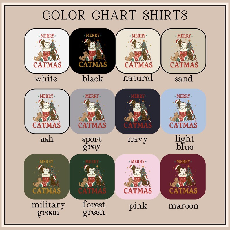 Op de afbeelding: Een kleurenkaart met shirts met de tekst "COLOR CHART SHIRTS" bovenaan. Elke shirtkleur heeft een "CATMAS"-afbeelding met een kat in een kerstsok. Kleuren zijn wit, zwart, natuurlijk, zand, asgrijs, sportgrijs, marine, lichtblauw, legergroen, bosgroen, roze en bordeaux.