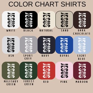 May include: Color chart showing 12 different t-shirt colors with the text "Jesus The Way The Truth The Life" printed on each. The colors are white, black, natural, sand, dark chocolate, ash, sport grey, navy, royal, light blue, military green, forest green, red, pink, and maroon.