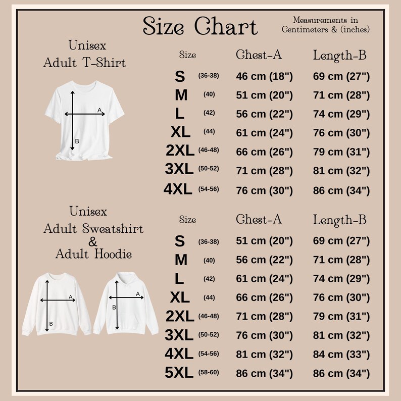 Op de afbeelding: Maattabel voor unisex volwassen T-shirts, sweatshirts en hoodies. Afmetingen in centimeters en inches. Maten vari&euml;ren van S tot 5XL, met borst- en lengtematen voor elke maat. Inclusief diagrammen van het T-shirt en sweatshirt.