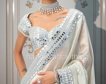 Embroidered Mirror Work Satin Organza Saree Set,Designer Bollywood Style Saree
