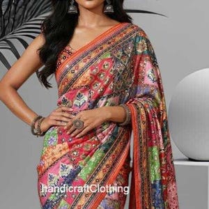 Multi Color Roman Silk Saree: Ajrakh Print, Real Mirror Work, Festive Wear