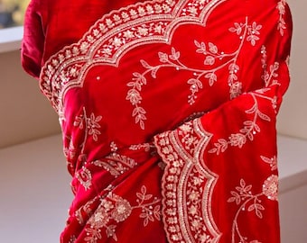 Red Satin Silk Saree, Heavy Embroidered Sequins, Indian Bridal Wear