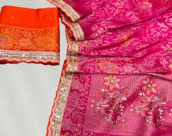 Pink Dola Silk Saree, Embroidered Floral Border, Indian Wedding Party Wear