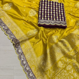 Pure Dola Silk Saree with Meenakari Zari Work & Contrast Embroidered Blouse,Heritage Saree
