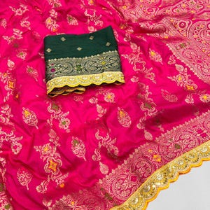 Flowing Pure Dola Silk Saree,Meenakari And Zari Weaving Pallu,Designer Heavy Saree