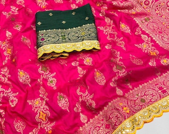 Pink Dola Silk Embroidered Saree,Indian Wedding Saree,Designer Silk Sari,Bridal Saree,Festive Party Wear