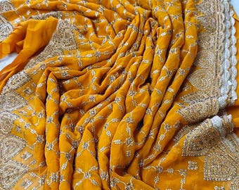 Gelber Georgette-Sari, bestickter Designer-Sari, Sari mit Diamantbesatz, indischer Hochzeitssari, Party-Sari, festliche ethnische Kleidung
