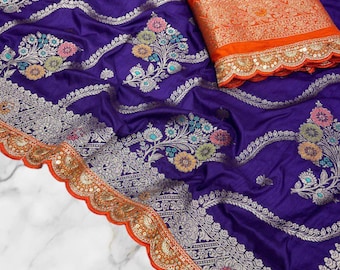 Sari en soie Dola violette brodée, sari de mariage indien, sari en soie de créateur, sari pour cérémonie de mariage, sari festif