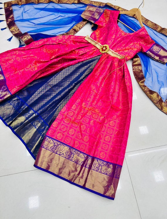fcity.in - Navy Blue Women Full Stiched Gown Silk Sungudi South Indian Style