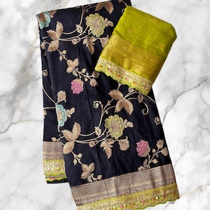 Black Fancy Dola Silk Saree,Contrast Embroidered Border Saree,PartyWear Saree