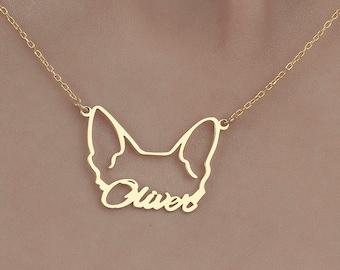 Dog Ears Name Necklace in 14k Gold, Design Dog Ears Necklace, Pet Jewelry, Pet Memorial Gift, Personalized Dog Name Necklace, Animal Jewelry