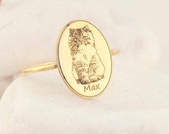 Costum 14K Gold Dog Photo Signet Ring, Personalized Pet Engraved Jewelry, Pet Photo Ring, Custom Pet Ring, Dog Ring, Pet Jewelry, Mom Ring