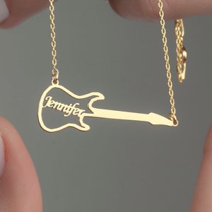 Personalized 14K Gold Guitar Name Necklace, Custom Music Jewelry, Musician Gifts, Silver Music Guitar Pendant, Music Charm, Handmade Melody