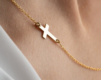 Gold Sideway Cross Necklace, Dainty Religious Necklace, Gift For Her, Sterling Silver  Cross Necklace, Necklace Gift For Mom, Cross Charm