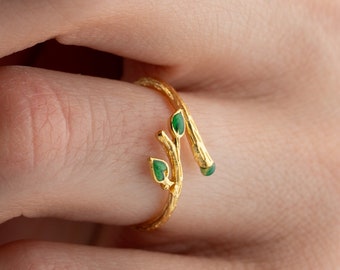 Delicate Adjustable Olive Branch Ring with Green Gemstone, Nature Inspired Ring, Ivy Ring For Women, Unique Ring Gift, Tree branch ring