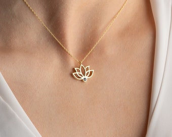 Sterling Silver Lotus Necklace, Lotus Pendant, Minimalist Lotus Necklace, Gift for Mom, Lotus Flower Charm Pendant, Birthstone Lotus Flower