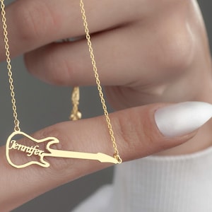 14K Gold Guitar Name Necklace, Custom Music Jewelry, Musician Gifts, Sterling Silver Music Guitar Pendant, Gold Music Charm, Gift For Mom