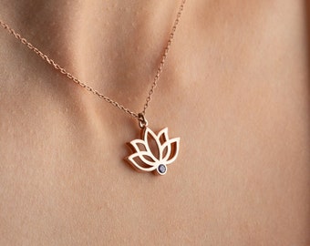 Gold Lotus Flower Necklace with Your Birthstone, Gift for Her, Birthstone Lotus Necklace, Dainty Lotus Flower Charm Necklace, Mother Lotus