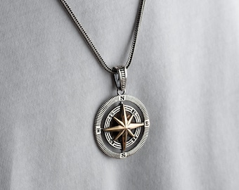 Handcrafted Sterling Silver Reversible Mens Compass Necklace, Men Adventure Jewelry, Unisex Silver Compass Necklace, Unique Gift for Mom