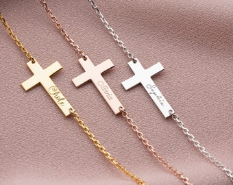 Goldenes Kreuz-Namensarmband, personalisiertes Kreuz-Armband mit Namen, christliche Geschenke zur Taufe, individuelles Armband, Muttertagsgeschenk, Muttertagsgeschenk