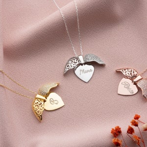 Personalized Angel Wings Necklace, Secret Message Angel Wings Necklace, Hidden Name Guardian Angel Wings Necklace, Custom Heart Necklace