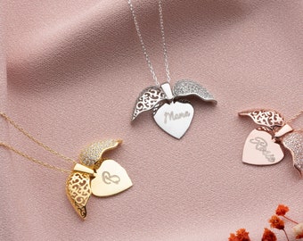 Personalized Angel Wings Necklace, Secret Message Angel Wings Necklace, Hidden Name Guardian Angel Wings Necklace, Custom Heart Necklace