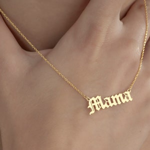 Personalized 14K/8K Solid Gold Mama Necklace, Custom Gothic Mama Necklace, Dainty Gold Mama Necklace, Gift For Mom, 14K Gold Mom Necklace