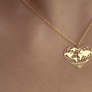 14K Gold Herzförmige Weltkarte Halskette, Halskette zu erkunden, Abenteuer Halskette, Einzigartiges Geschenk für Reisende, Erde Halskette, Reisende Schmuck