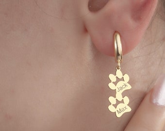 14K / 8K Gold Hund Paw Print Name Ohrringe, Haustier Paw Ohrringe, Haustier baumeln Buchstaben Ohrringe, Verlust Hund Ohrringe, Gold Haustier Schmuck, Muttertagsgeschenk