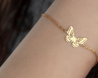 14K Gold Tiny Butterfly Bracelet, Gold Butterfly Bracelet, Dainty Charm Bracelet, Butterfly Jewellery, Minimalist Bracelet, Mothers Day Gift