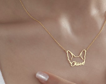 Dog Ears Name Necklace in 14k Gold, Custom Dog Ear Name Necklace, Personalized Pet Jewelry for Women, Pet Name Necklace, Pet Memorial Gifts