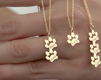 Collar con nombre y huella de pata en oro de 14 quilates, minimalista, con forma de animal, para mascotas, personalizado, con huella de perro pequeña, joyería para mascotas.