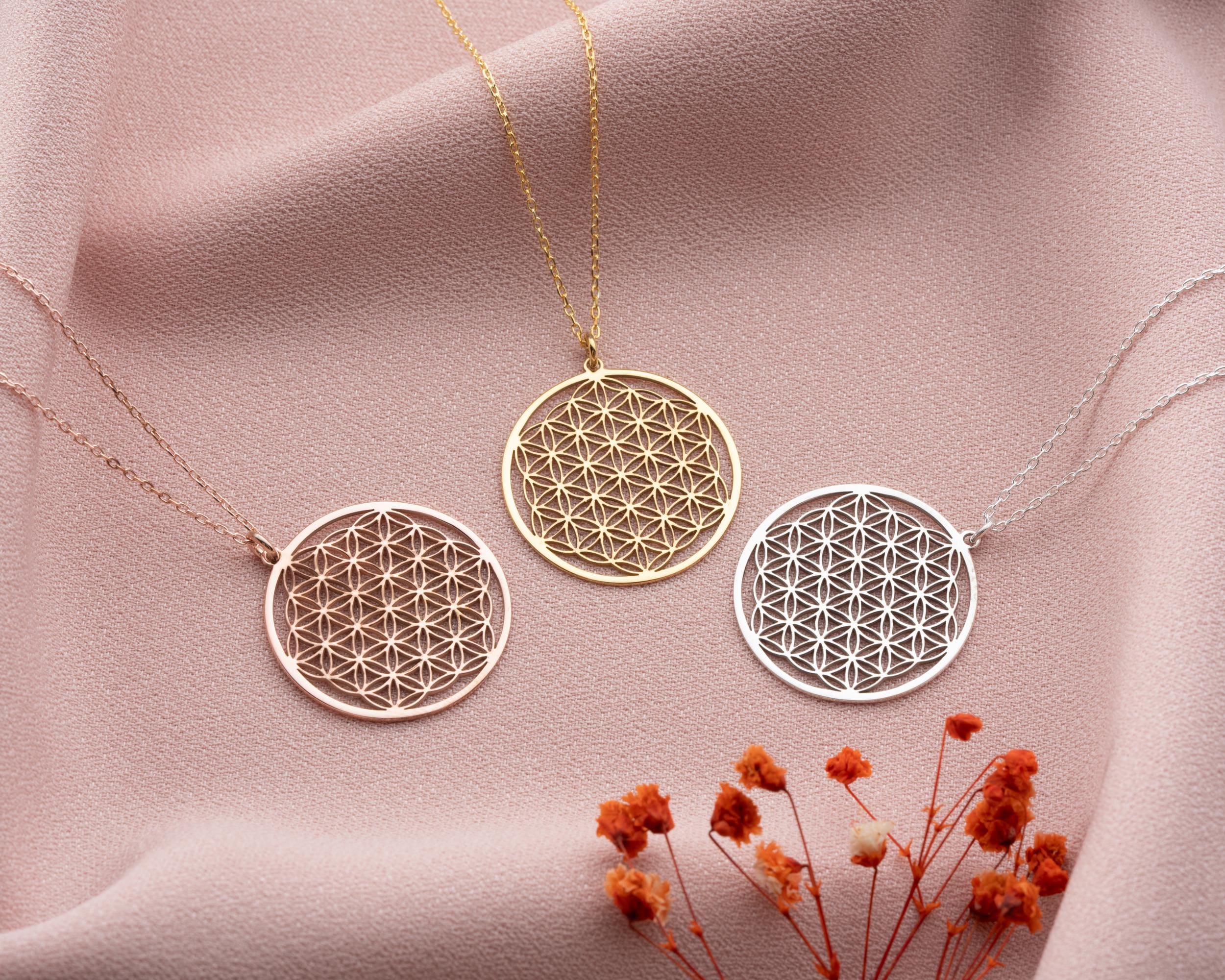 Brass Flower Of Life Pendant With Antique Golden Chain - Nickel Free Tribal Jewelry, 31mm