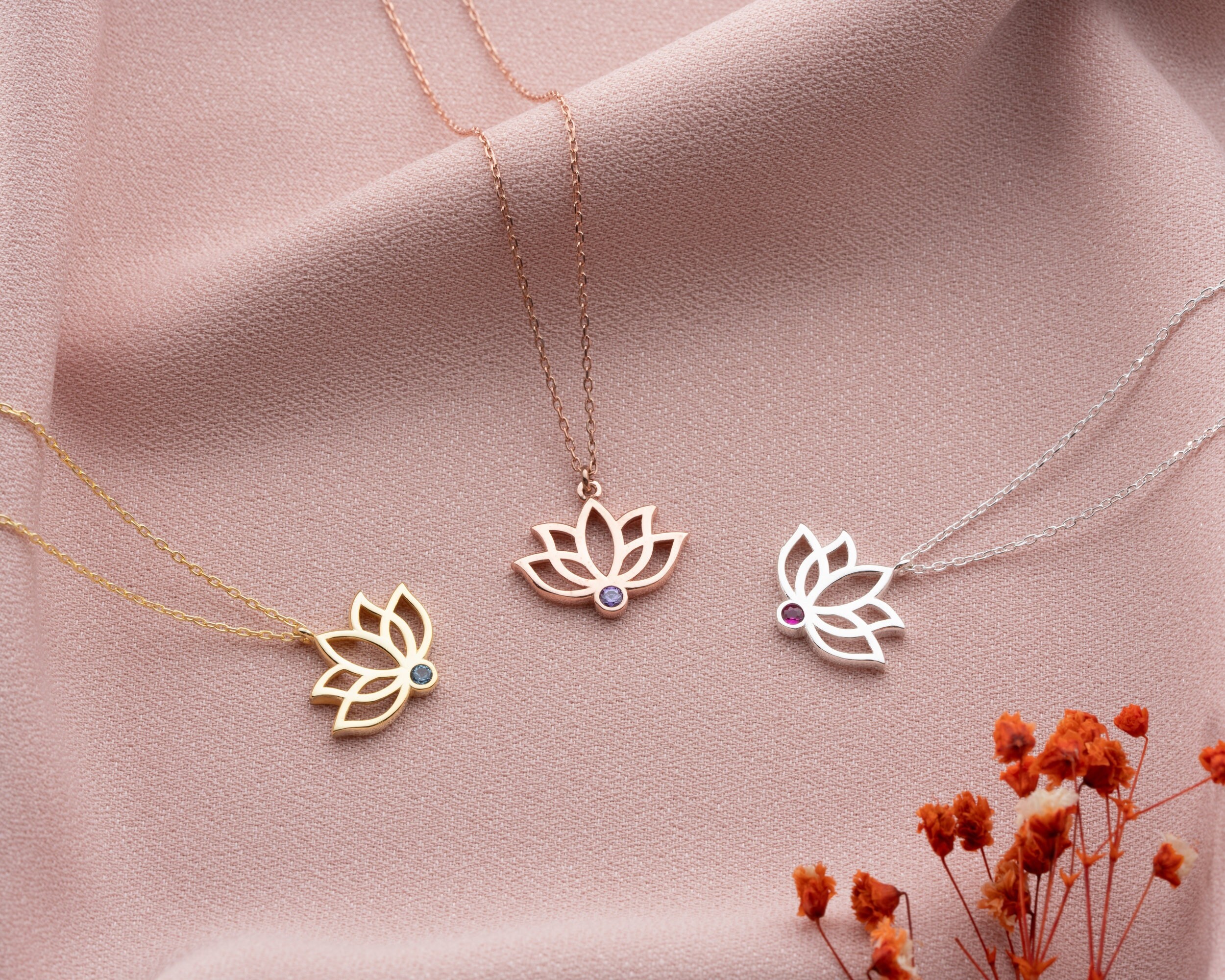 14K Gold Lotus Necklace, Lotus Flower Pendant, Lotus Birthstone