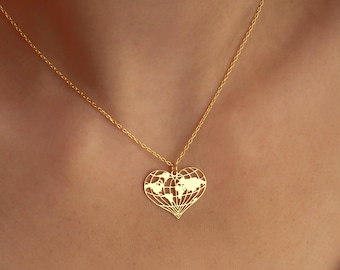Collar con mapa del mundo en forma de corazón en oro de 14 quilates, collar de exploración, collar de aventuras, regalo único para viajeros, collar de oro con la Tierra, joyas para viajeros