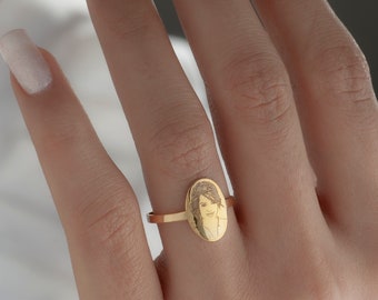 14K Gold Personalized Photo Engraved Ring, Silver Portrait Ring, Custom Photo Ring, Custom Picture Ring, Memorial Ring, Gift for Mom Her