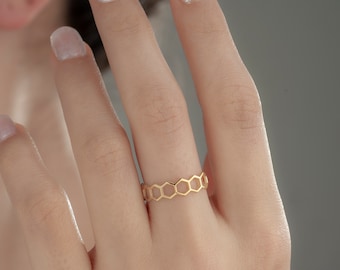 14K Solid Gold Honeycomb Ring, 925 Sterling Silver Honeycomb Ring